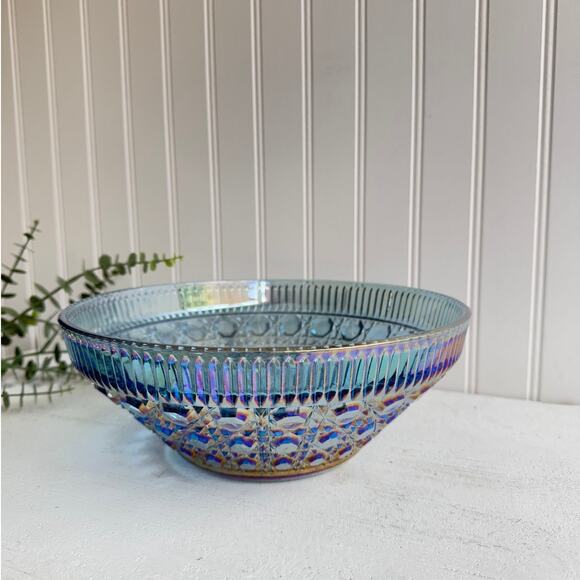 Vintage Federal Windsor Bowl Peacock Blue Carnival Glass Button & Cane